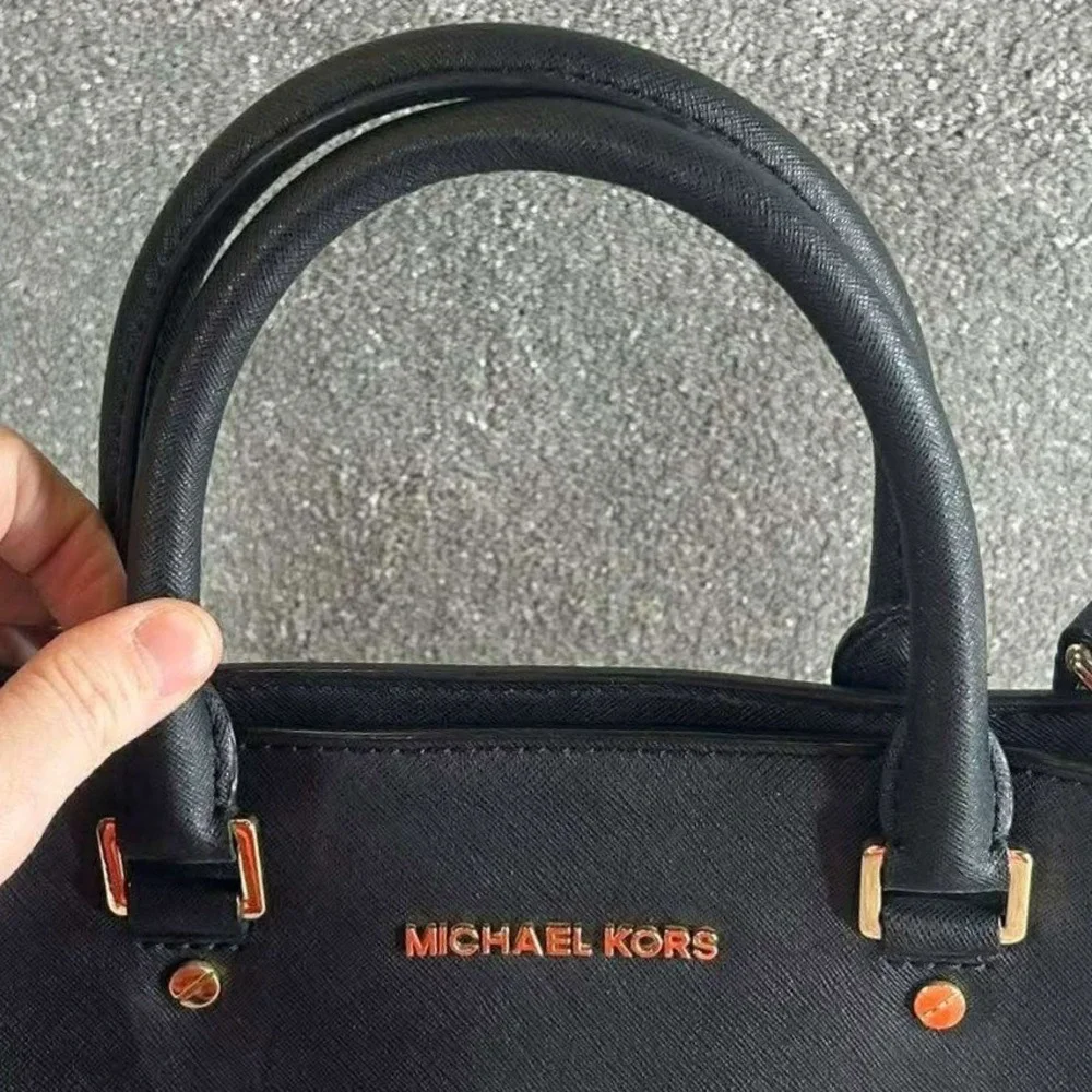 Michael Kors Selma Satchel Black Saffiano Leather Gold Hardware